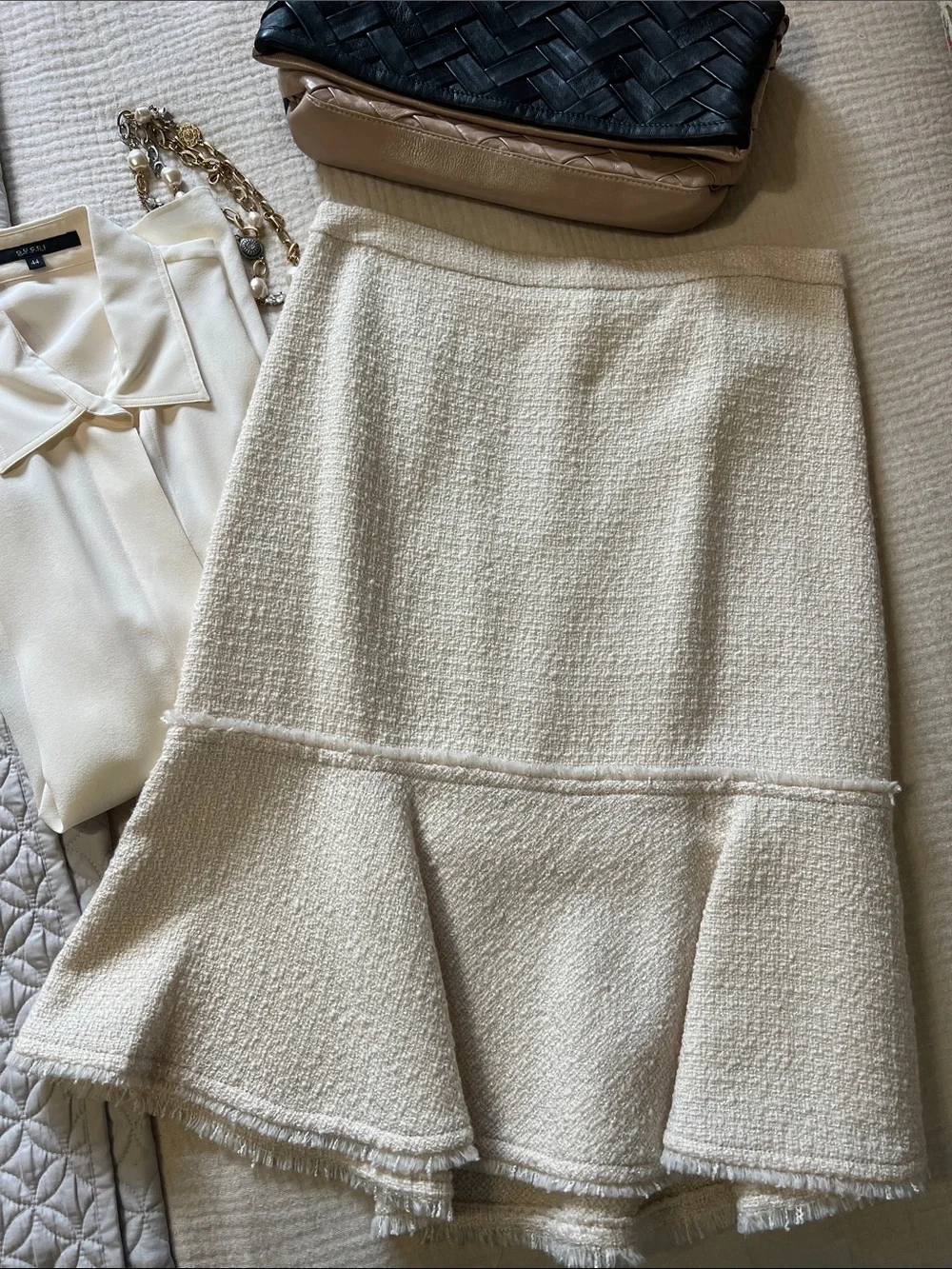 J. Crew Cream Textured Ruffle-Hem A-Line Skirt
